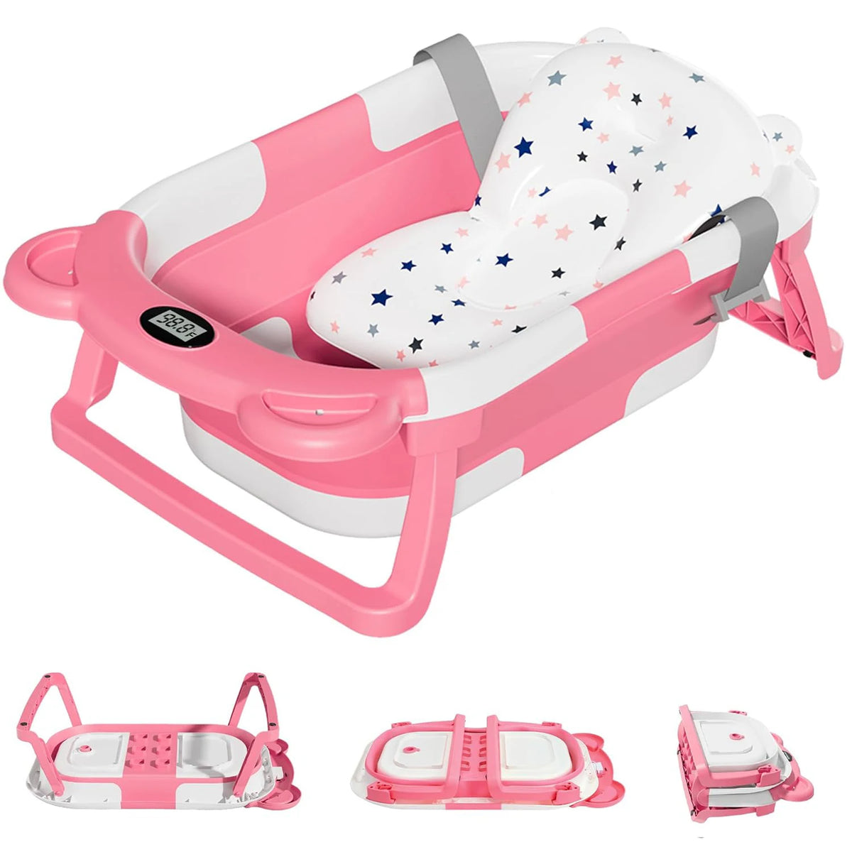 Baignoire bébé pliable pour nouveau-né avec thermomètre intégré et coussin flottant doux, baignoire de voyage portable avec trou de vidange.